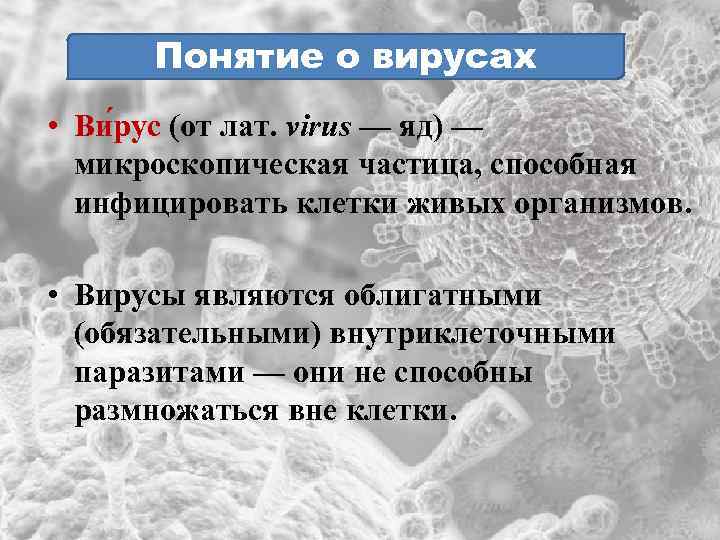 Понятие о вирусах • Ви рус (от лат. virus — яд) — микроскопическая частица,