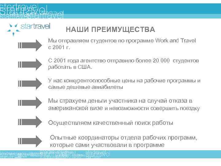 НАШИ ПРЕИМУЩЕСТВА Мы отправляем студентов по программе Work and Travel с 2001 г. С