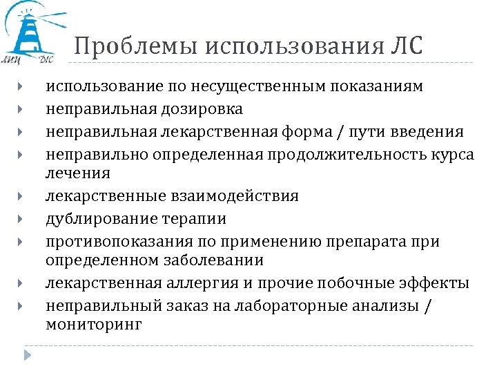 Проблемы использования ЛС использование по несущественным показаниям неправильная дозировка неправильная лекарственная форма / пути