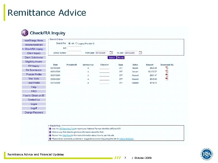 Remittance Advice and Financial Updates 7 / October 2009 