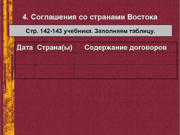 4. Соглашения со странами Востока Стр. 142 -143 учебника. Заполняем таблицу. Дата Страна(ы) Содержание