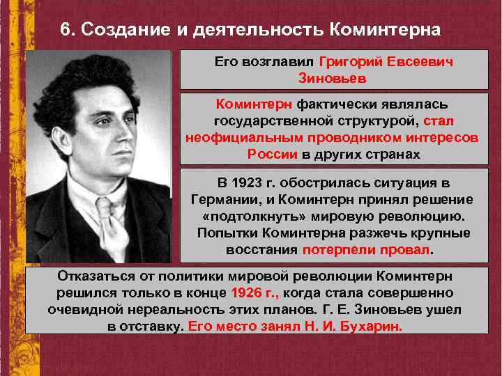 6. Создание и деятельность Коминтерна Его возглавил Григорий Евсеевич Зиновьев Коминтерн фактически являлась государственной
