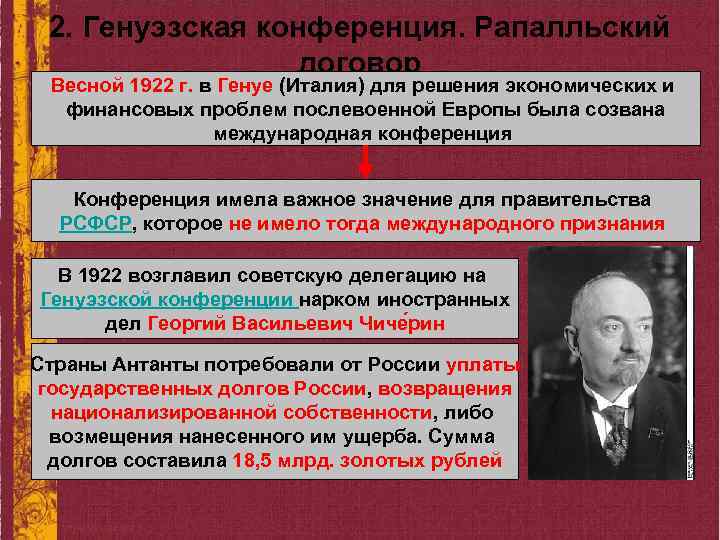 2. Генуэзская конференция. Рапалльский договор Весной 1922 г. в Генуе (Италия) для решения экономических