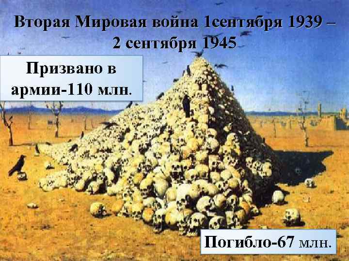 Вторая Мировая война 1 сентября 1939 – 2 сентября 1945 Призвано в армии-110 млн.