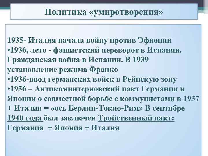 Политика «умиротворения» 1935 - Италия начала войну против Эфиопии • 1936, лето - фашистский