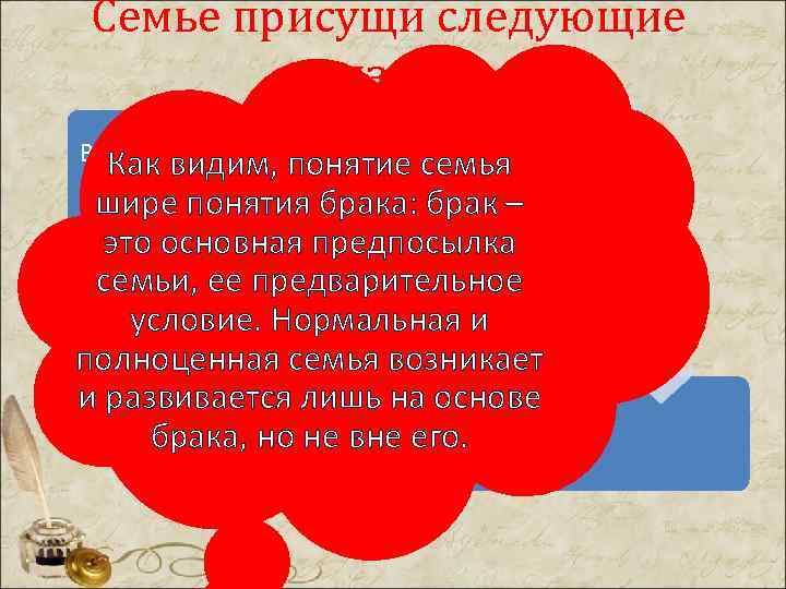 Семье присущи следующие признаки Во-первых, семья – это объединение Как видим, понятие семья лиц,