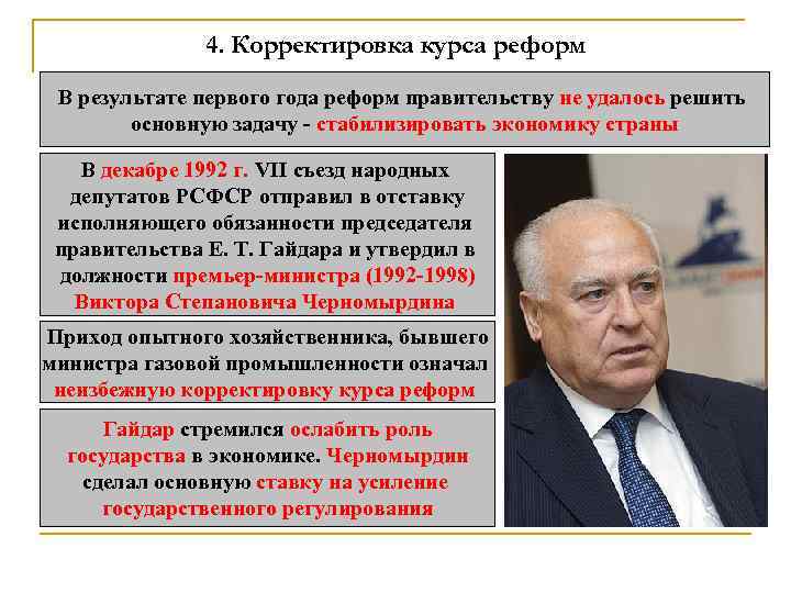 4. Корректировка курса реформ В результате первого года реформ правительству не удалось решить основную