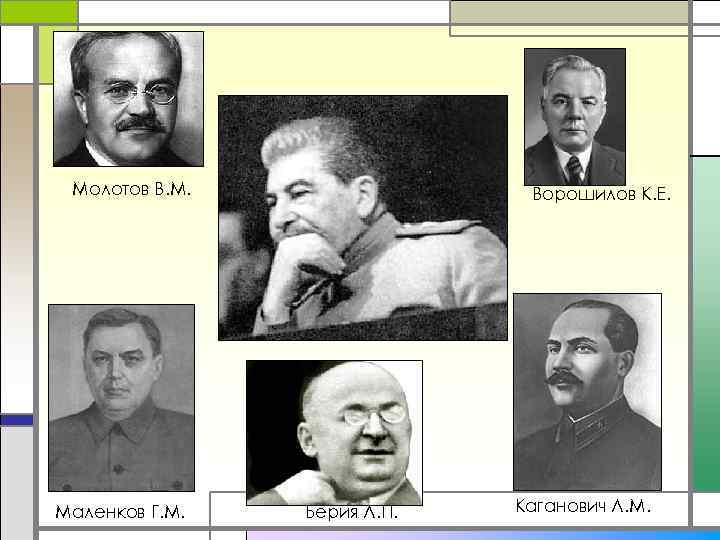 Молотов В. М. Маленков Г. М. Ворошилов К. Е. Берия Л. П. Каганович Л.