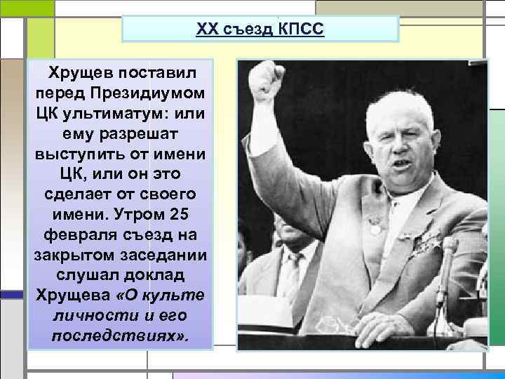 XX съезд КПСС Хрущев поставил перед Президиумом ЦК ультиматум: или ему разрешат выступить от