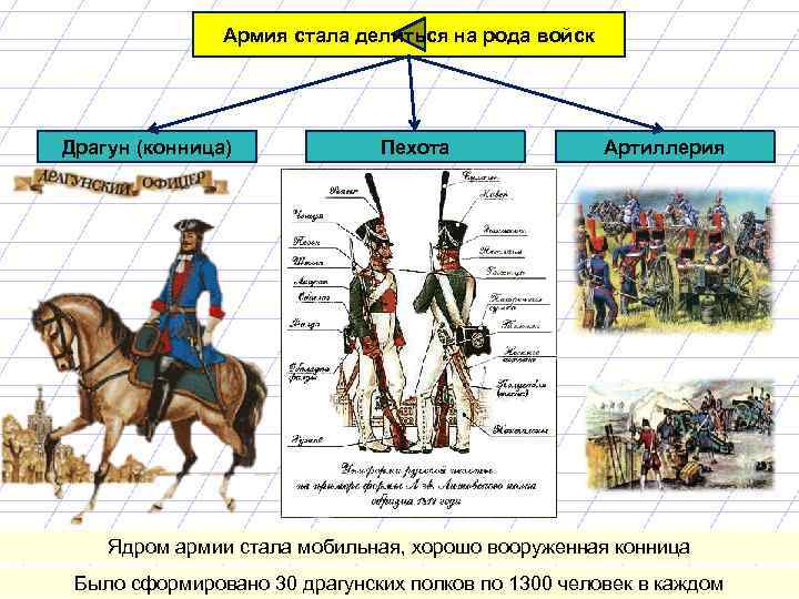 Армия стала делиться на рода войск Драгун (конница) Пехота Артиллерия Ядром армии стала мобильная,