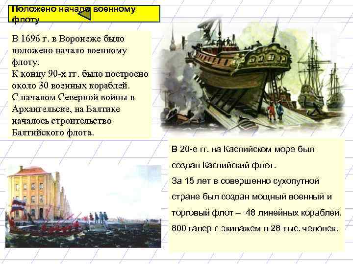 Положено начало военному флоту В 1696 г. в Воронеже было положено начало военному флоту.
