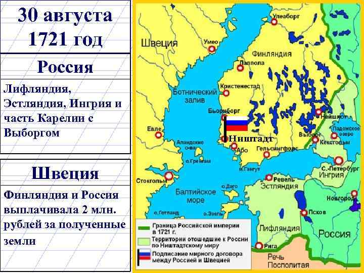30 августа 1721 год Россия Лифляндия, Эстляндия, Ингрия и часть Карелии с Выборгом Швеция