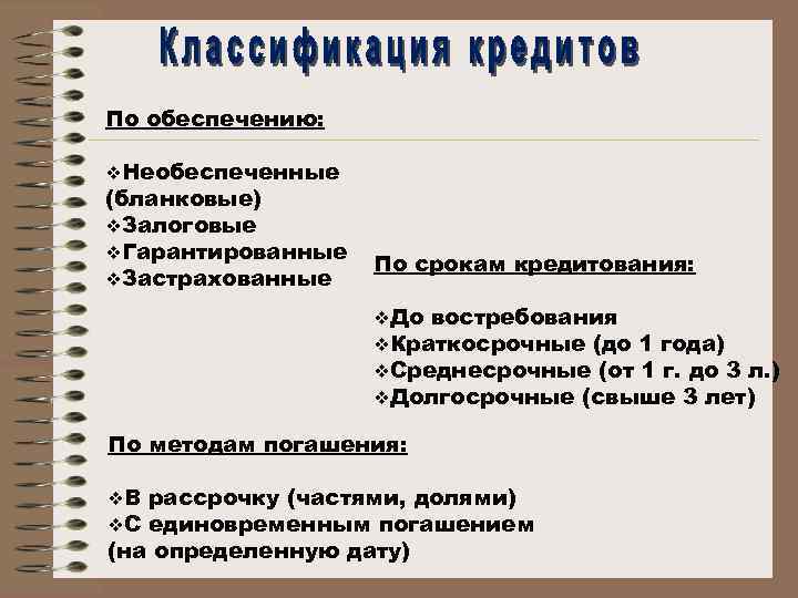 По обеспечению: v. Необеспеченные (бланковые) v. Залоговые v. Гарантированные v. Застрахованные По срокам кредитования: