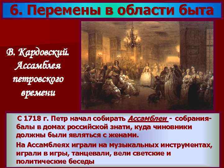 6. Перемены в области быта В. Кардовский. Ассамблея петровского времени С 1718 г. Петр