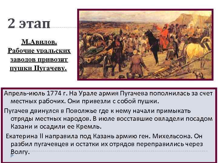 2 этап М. Авилов. Рабочие уральских заводов привозят пушки Пугачеву. Апрель-июль 1774 г. На