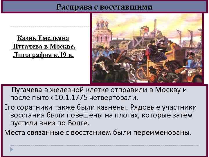 Расправа с восставшими Казнь Емельяна Пугачева в Москве. Литография к. 19 в. Пугачева в