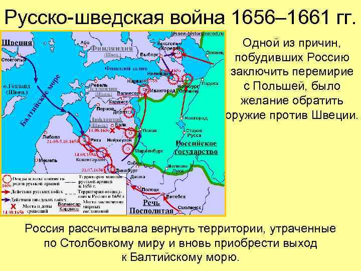 Русско-шведская война 1656– 1661 гг. Одной из причин, побудивших Россию заключить перемирие с Польшей,