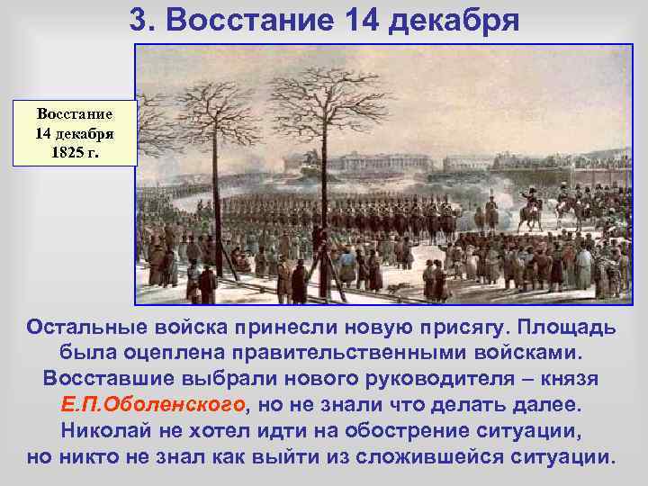3. Восстание 14 декабря 1825 г. Остальные войска принесли новую присягу. Площадь была оцеплена
