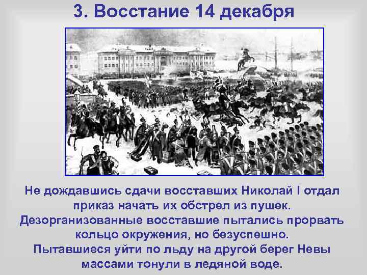 3. Восстание 14 декабря Не дождавшись сдачи восставших Николай I отдал приказ начать их