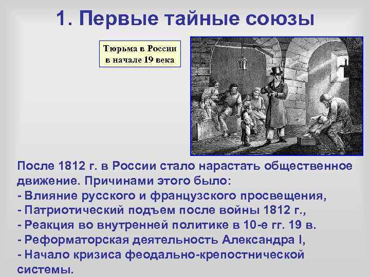 1. Первые тайные союзы Тюрьма в России в начале 19 века После 1812 г.
