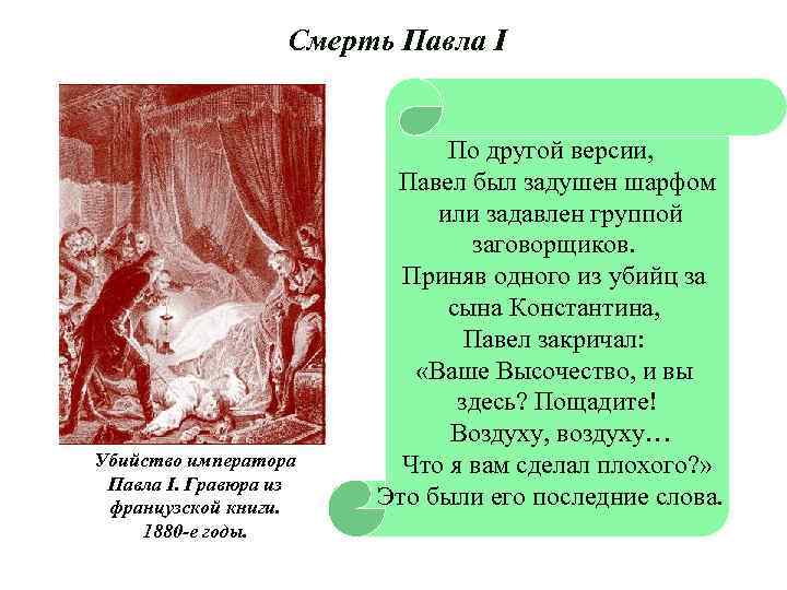Смерть Павла I Убийство императора Павла I. Гравюра из французской книги. 1880 -е годы.