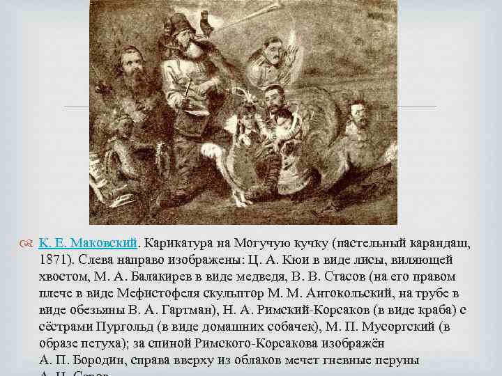  К. Е. Маковский. Карикатура на Могучую кучку (пастельный карандаш, 1871). Слева направо изображены: