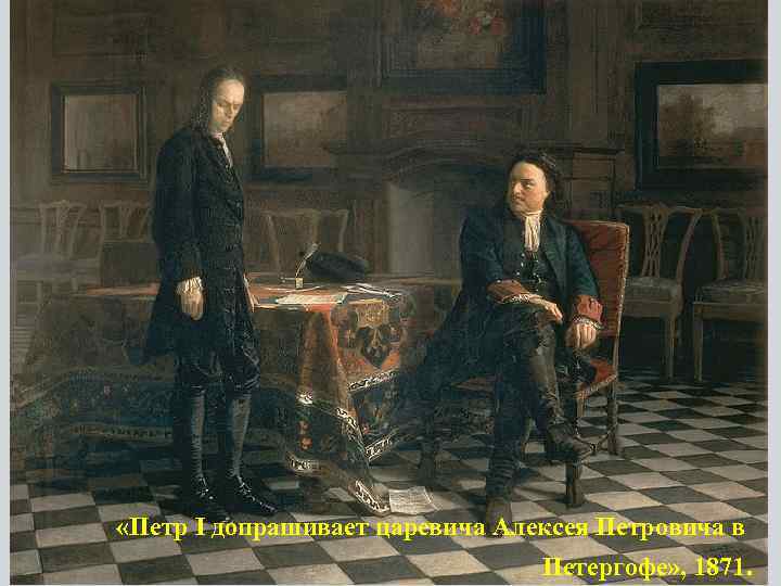  «Петр I допрашивает царевича Алексея Петровича в Петергофе» , 1871. 