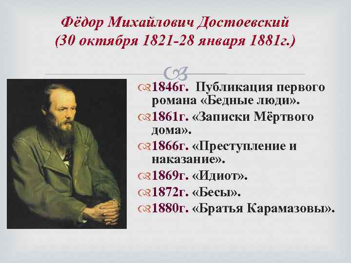 Фёдор Михайлович Достоевский (30 октября 1821 -28 января 1881 г. ) Публикация первого 1846