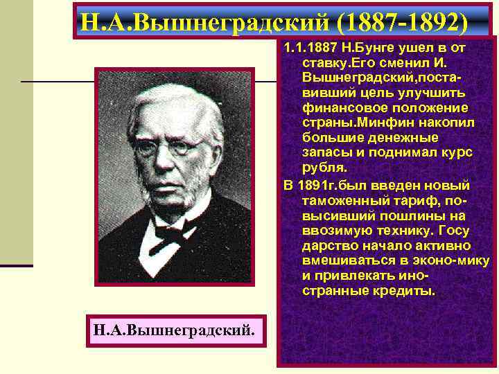 Н. А. Вышнеградский (1887 -1892) 1. 1. 1887 Н. Бунге ушел в от ставку.