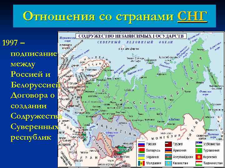 Отношения со странами СНГ 1997 – подписание между Россией и Белоруссией Договора о создании