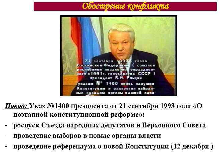 Обострение конфликта Повод: Указ № 1400 президента от 21 сентября 1993 года «О поэтапной