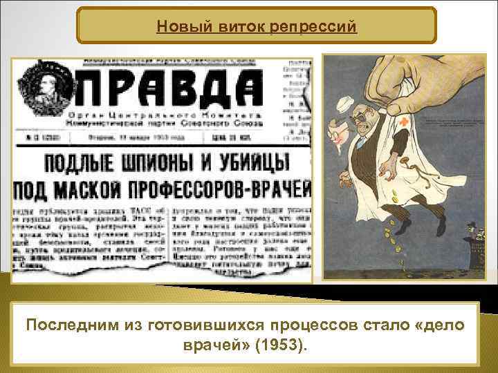Новый виток репрессий Последним из готовившихся процессов стало «дело врачей» (1953). 
