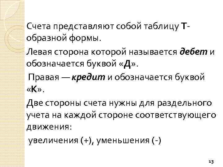 Счета представляют собой таблицу Т образной формы. Левая сторона которой называется дебет и обозначается
