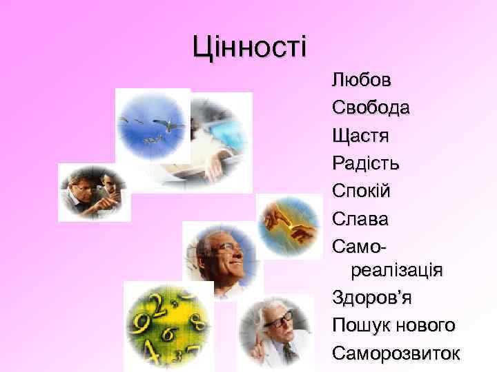 Цінності Любов Свобода Щастя Радість Спокій Слава Самореалізація Здоров’я Пошук нового Саморозвиток 