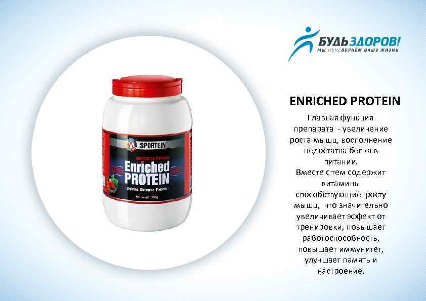 ENRICHED PROTEIN Главная функция препарата - увеличение роста мышц, восполнение недостатка белка в питании.