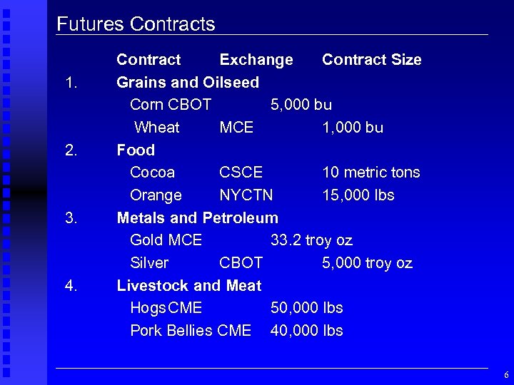 Futures Contracts 1. 2. 3. 4. Contract Exchange Contract Size Grains and Oilseed Corn