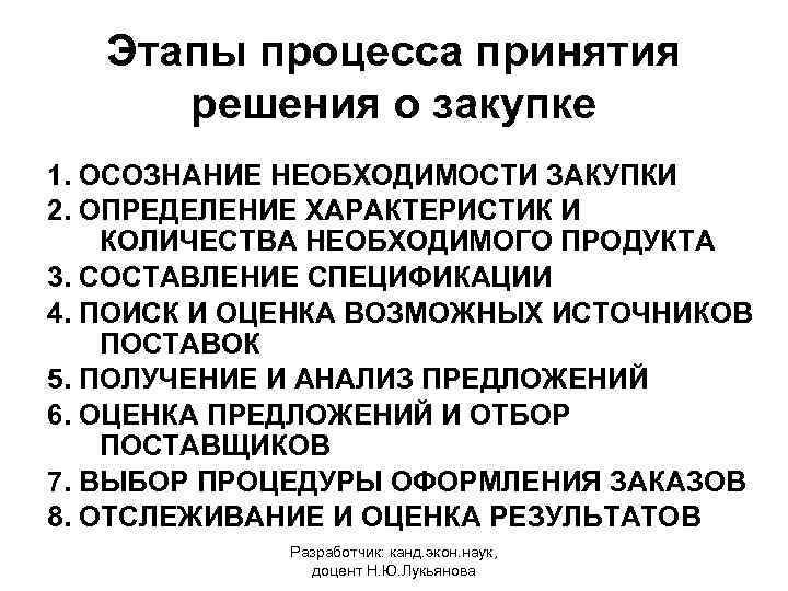 Этапы процесса принятия решения о закупке 1. ОСОЗНАНИЕ НЕОБХОДИМОСТИ ЗАКУПКИ 2. ОПРЕДЕЛЕНИЕ ХАРАКТЕРИСТИК И