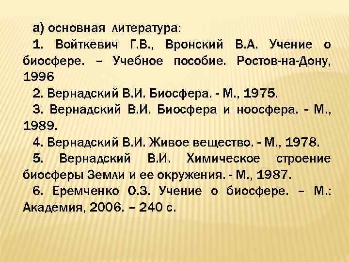 а) основная литература: 1. Войткевич Г. В. , Вронский В. А. Учение о биосфере.