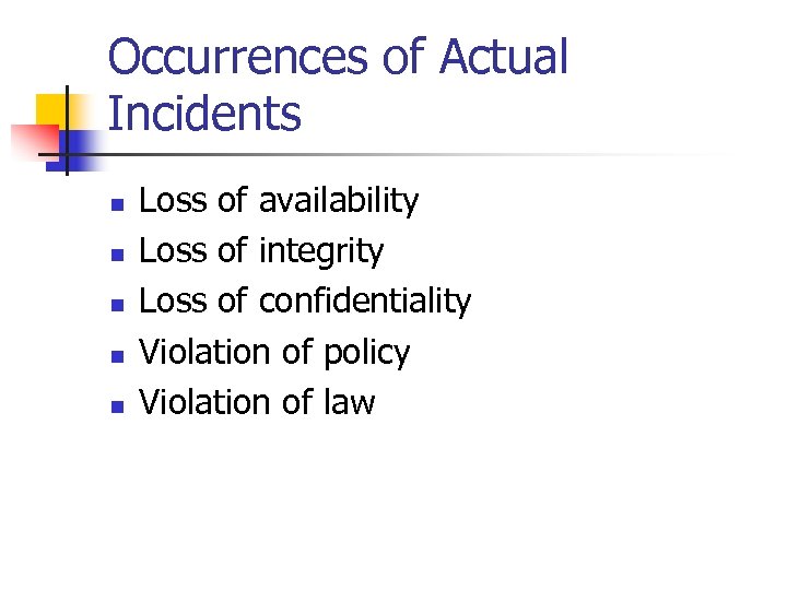 Occurrences of Actual Incidents n n n Loss of availability Loss of integrity Loss