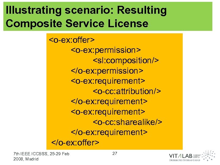 Illustrating scenario: Resulting Composite Service License <o-ex: offer> <o-ex: permission> <sl: composition/> </o-ex: permission>