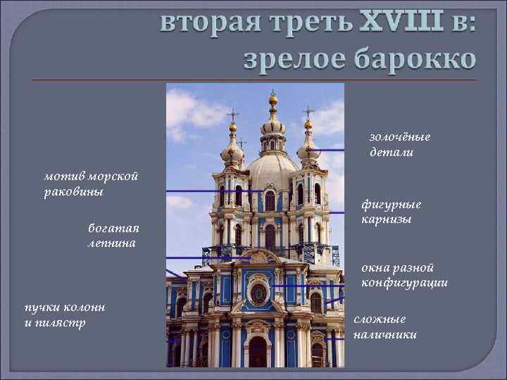 золочёные детали мотив морской раковины богатая лепнина фигурные карнизы окна разной конфигурации пучки колонн
