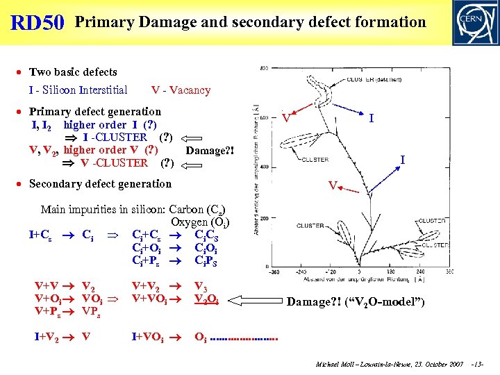 RD 50 Primary Damage and secondary defect formation Two basic defects I - Silicon