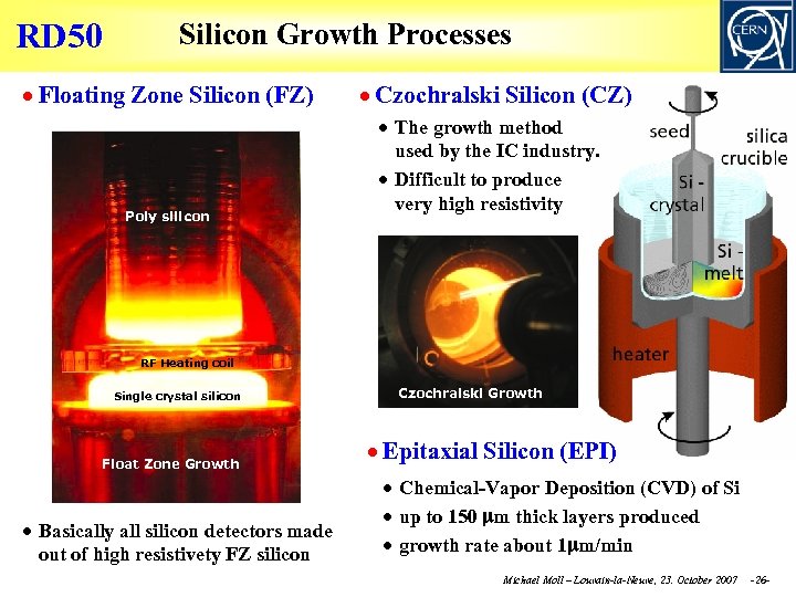RD 50 Silicon Growth Processes Floating Zone Silicon (FZ) Poly silicon Czochralski Silicon (CZ)