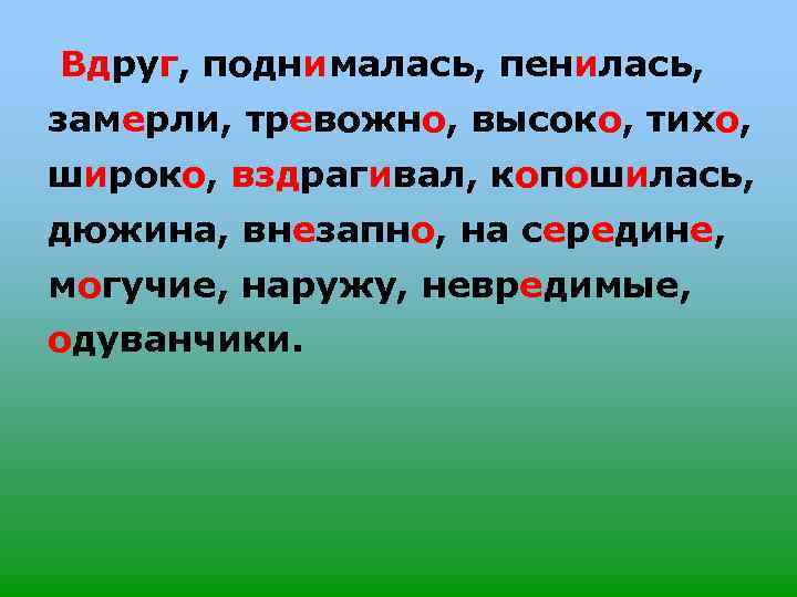 Вдруг, поднималась, пенилась, замерли, тревожно, высоко, тихо, широко, вздрагивал, копошилась, дюжина, внезапно, на середине,