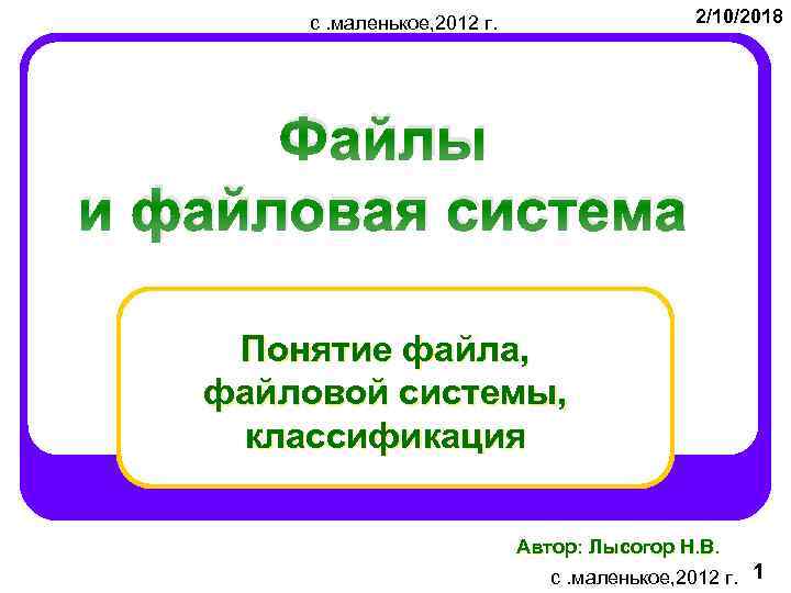 2/10/2018 с. маленькое, 2012 г. Файлы и файловая система Понятие файла, файловой системы, классификация