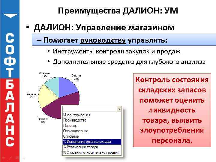 Преимущества ДАЛИОН: УМ • ДАЛИОН: Управление магазином – Помогает руководству управлять: • Инструменты контроля