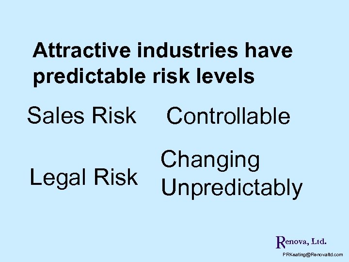 Attractive industries have predictable risk levels Sales Risk Controllable Changing Legal Risk Unpredictably Renova,