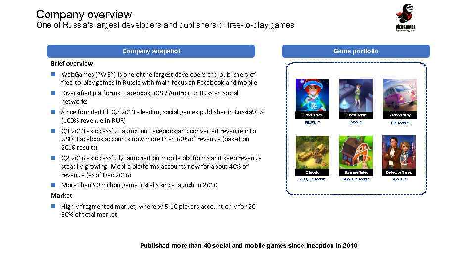 Company overview One of Russia’s largest developers and publishers of free-to-play games Company snapshot