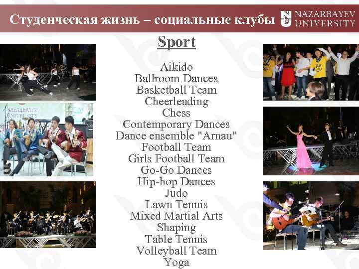 Студенческая жизнь – социальные клубы Sport Aikido Ballroom Dances Basketball Team Cheerleading Chess Contemporary