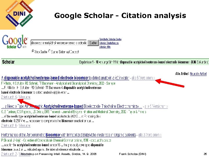 DEUTSCHE INITIATIVE FÜR NETZWERKINFORMATION E. V. Google Scholar - Citation analysis Workshop on Preserving